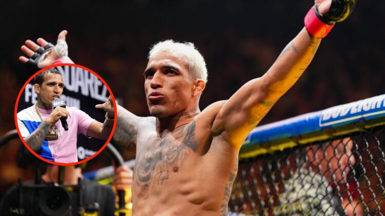 Charles Oliveira during his UFC 309 walkout before fighting Michael Chandler and an insert of Charles Oliveira is seen on stage during a Q&A sessio...