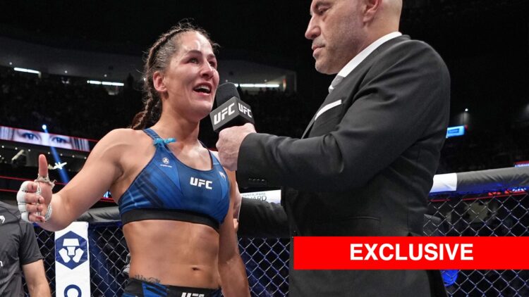 Image of Jessica Eye speaking to Joe Rogan at UFC 290 with exclusive inset