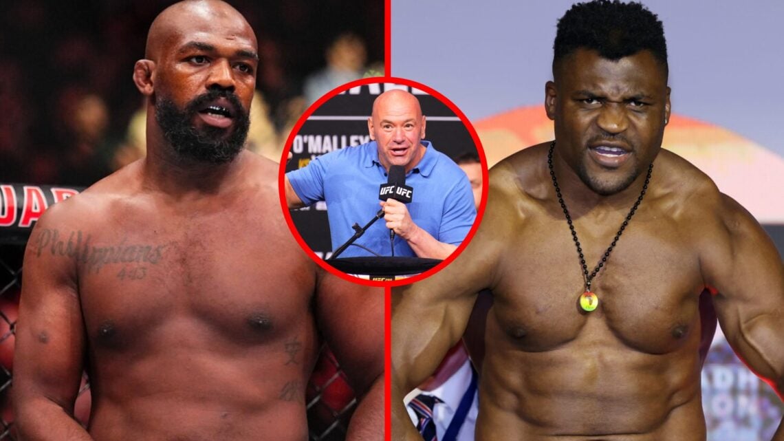 Jon Jones fights at UFC 309, Francis Ngannou weighs in before boxing Anthony Joshua, inset Dana White speaks at the UFC 229 press conference.
