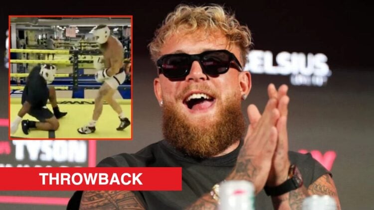 ake Paul rubs his hands to together at press confernece, inset screenshot of him dropping DeAndre Savage in sparring.