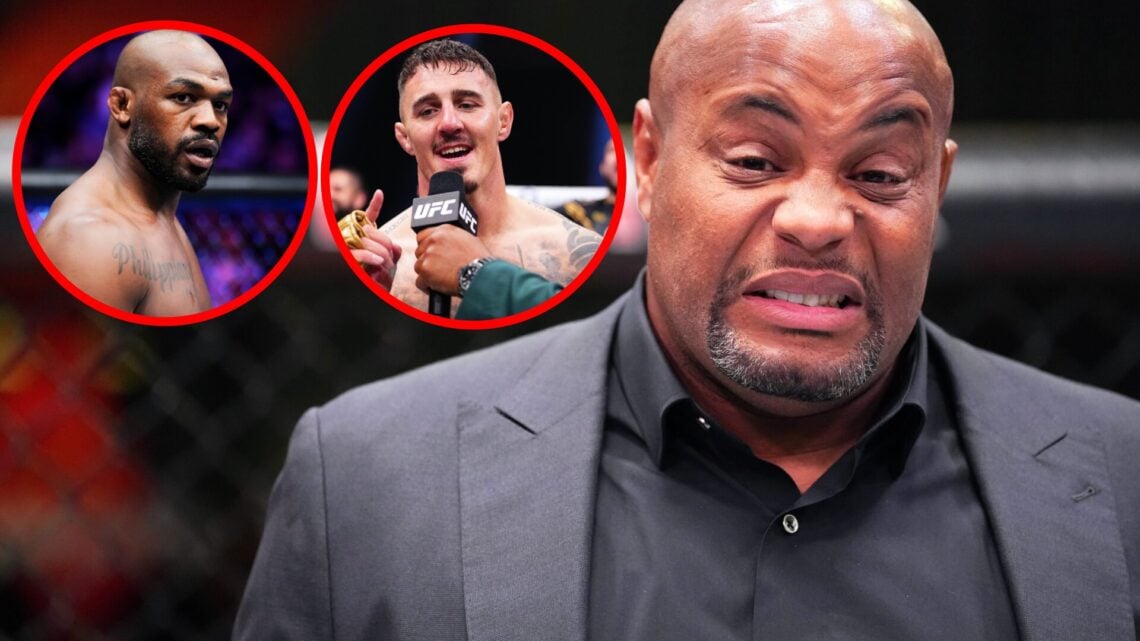Daniel Cormier reacts to seeing a UFC fighter's cut, inset close-ups of Jon Jones and Tom Aspinall.