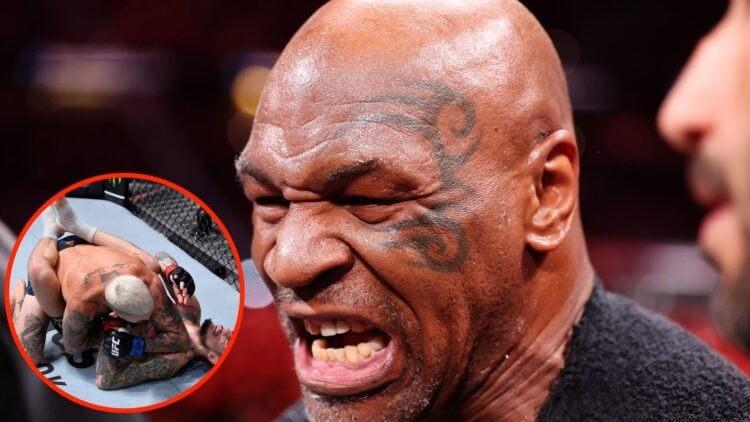 Mike Tyson moments before his fight against Jake Paul with an inset of Sean O'Malley suffering his first UFC loss against Marlon Vera
