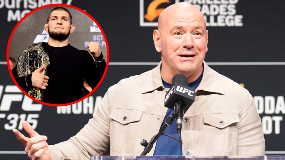 Dana White speaks on stage at the UFC 315 press conference, inset Khabib Nurmagomedov poses at the UFC 229 press conference