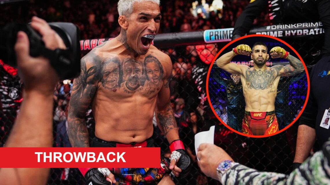 Charles Oliveira reacts during his fighter intro for his fight with Michael Chandler at UFC 309 and Ilia Topuria poses during his introduction for ...