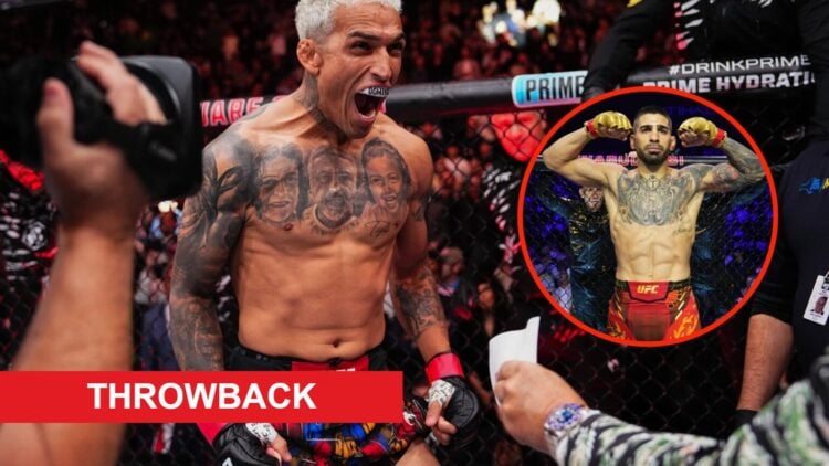Charles Oliveira reacts during his fighter intro for his fight with Michael Chandler at UFC 309 and Ilia Topuria poses during his introduction for ...