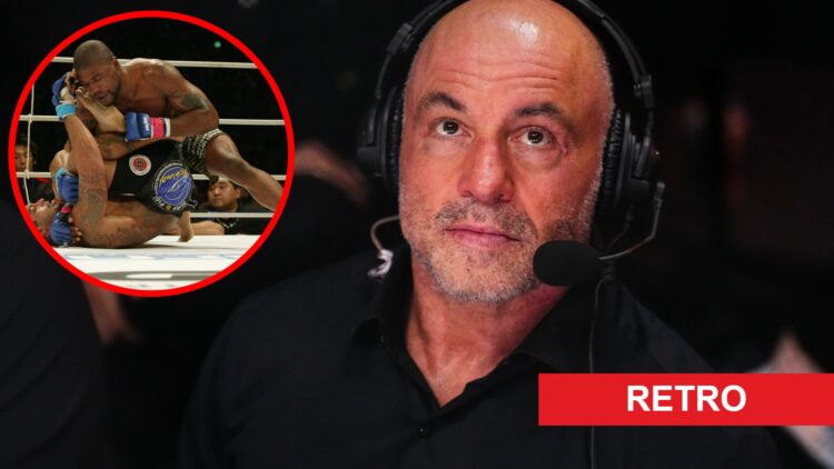 Joe Rogan looks on during UFC 306 at Sphere, inset Quinton 'Rampage' Jackson on top of Ricardo Arona at PRIDE Critical Countdown