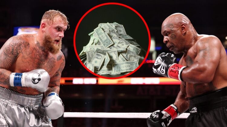 Jake Paul and Mike Tyson during their fight, inset a stack of dollar bills.