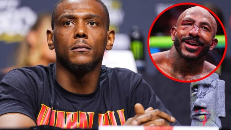 Jamahal Hill on stage at the UFC 300 press conference, inset Khalil Rountree Jr. reacts to his UFC 307 loss to Alex Pereira