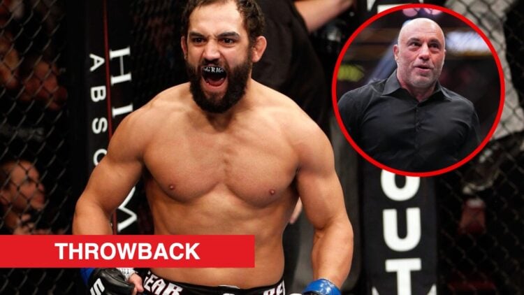 Johny Hendricks celebrates knocking out Martin Kampmann, inset Joe Rogan reacts to Max Holloway knocking out Justin Gaethje at UFC 300.