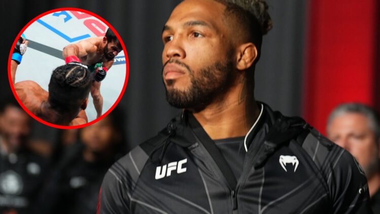 Kevin Lee makes the walk for his UFC fight with Rinat Fakhretdinov. inset Gadzhi Rabadanov punches Lee during the PFL 2025 World Tournament semifinals
