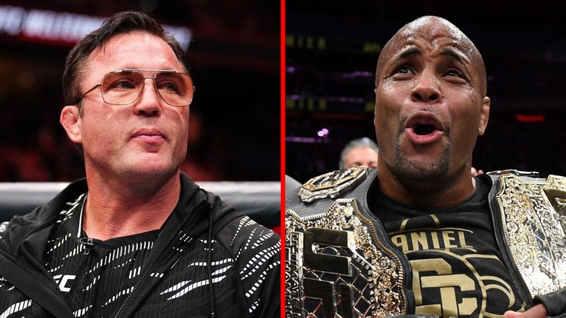 Chael Sonnen in the cage after cornering Colby Covington at UFC Tampa with Daniel Cormier celebrating after beating Derrick Lewis at UFC 230
