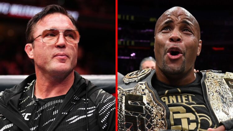 Chael Sonnen in the cage after cornering Colby Covington at UFC Tampa with Daniel Cormier celebrating after beating Derrick Lewis at UFC 230