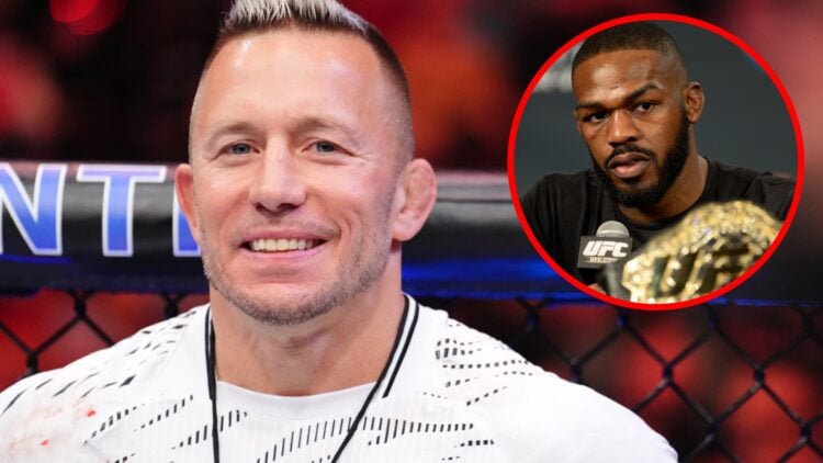 Georges St-Pierre corners Aiemann Zahabi at UFC 315, inset Jon Jones speaks at the UFC 182 post-fight press conference