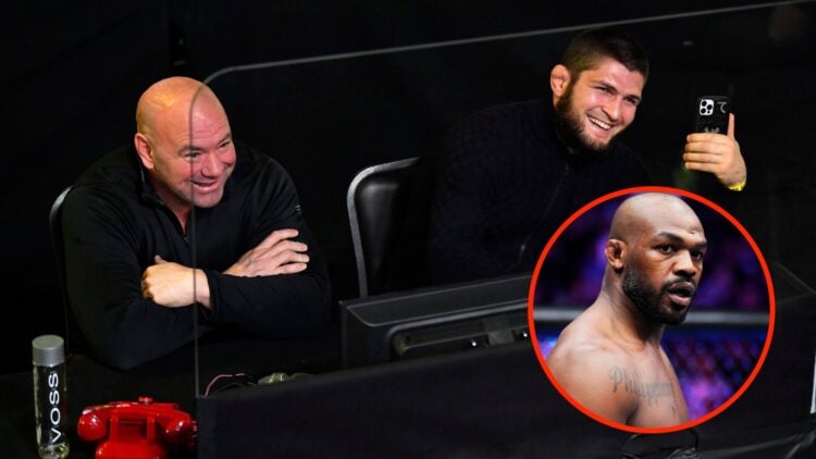 Dana White and Khabib Nurmagomedov watch the UFC Vegas 22 main event cageside with an inset of Jon Jones staring down Ciryl Gane at UFC 285