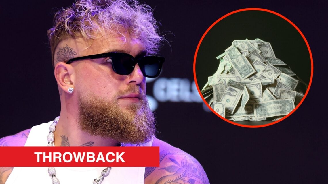Jake Paul looking on during pre-fight press conference against Julio Cesar Chavez Jr with an inset of a bunch of dollar bills