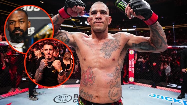 Alex Pereira immediately after his loss at UFC 313 with inset of Jon Jones at the UFC 309 press conference and an inset of Tom Aspinall watching on...