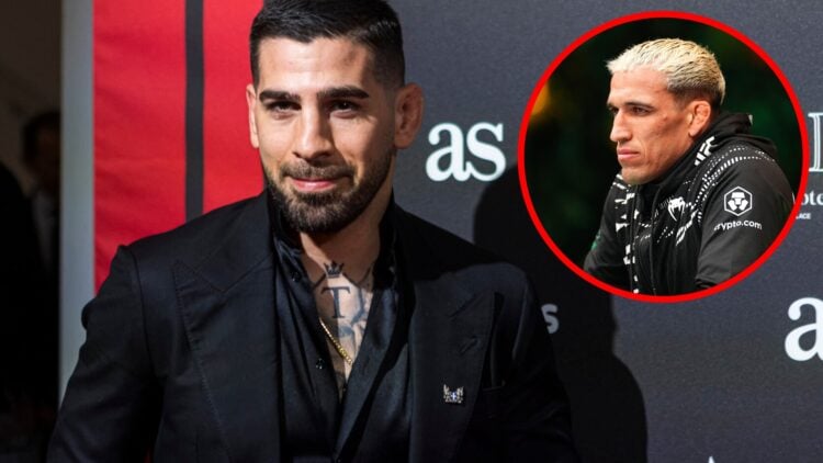 Ilia Topuria attends the 'AS del Deporte' awards in 2024, inset Charles Oliveira looks on when cornering Ian Machado Garry at UFC 310