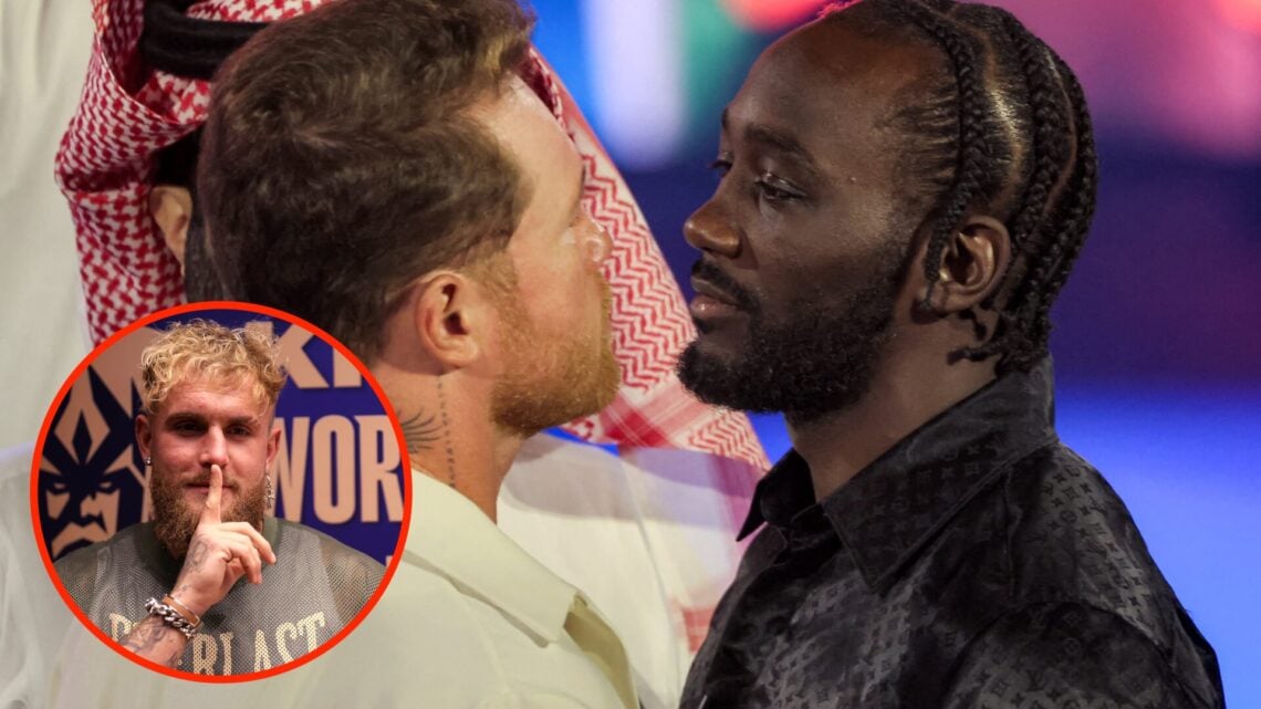 Canelo Alvarez and Terence Crawford face off at pre-fight press conference with an inset of Jake Paul shushing the camera