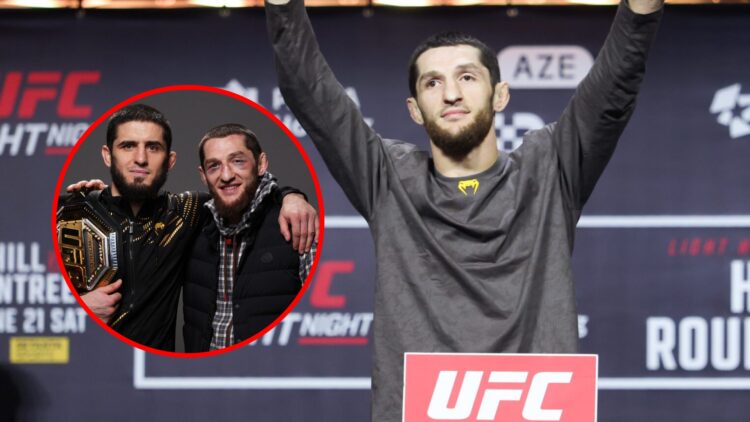 Main: Tagir Ulanbekov on stage at the UFC Baku ceremonial weigh-ins. Inset: Tagir Ulanbekov and Islam Makhachev pose together after their UFC 311 w...
