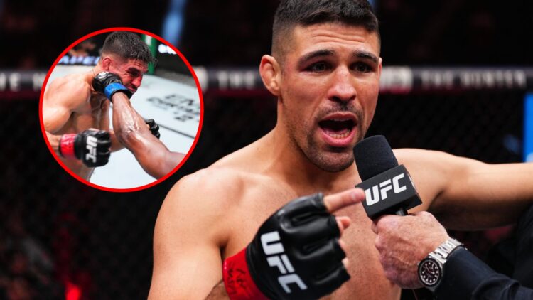 Main: Vicente Luque speaks in the cage following his win over Themba Gorimbo at UFC 310. Inset: Geoff Neal punches Vicente Luque during their fight...