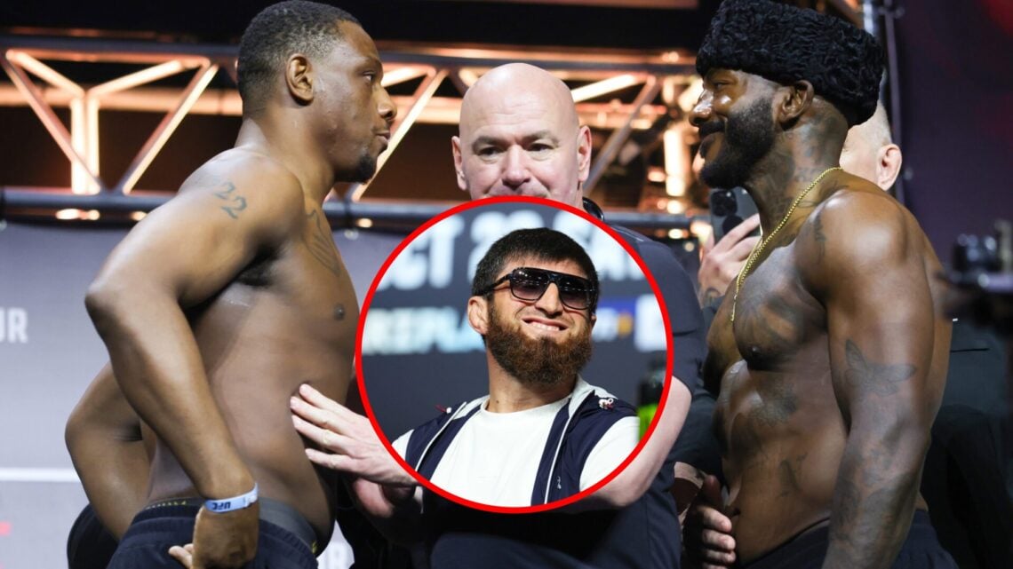 Main: Jamahal Hill and Khalil Rountree Jr. face off at the UFC Baku Ceremonial Weigh-ins. Inset: Magomed Ankalaev on stage at the UFC 308 press con...