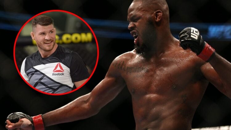 Main: Jon Jones celebrates after defeating Vitor Belfort at UFC 152. Inset: Michael Bisping at the UFC 199 open workouts.