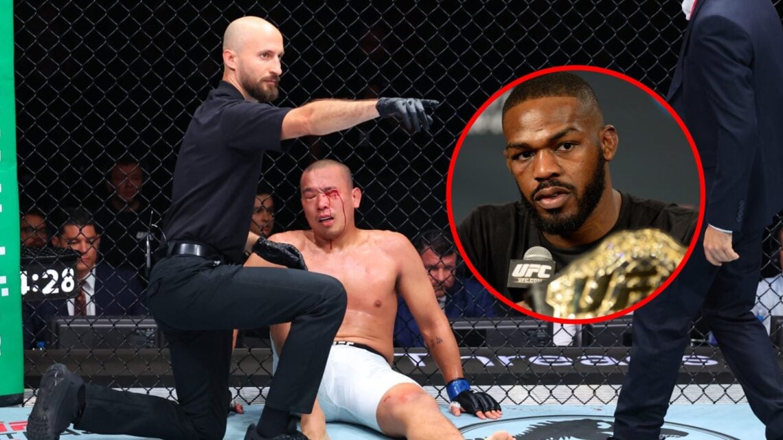 Main: JunYong Park sits hurt against the fence after being illegally kneed by Ismail Naurdiev at UFC Baku. Inset: Jon Jones on stage at the UFC 182...
