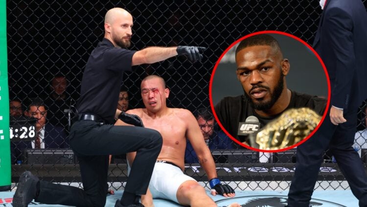 Main: JunYong Park sits hurt against the fence after being illegally kneed by Ismail Naurdiev at UFC Baku. Inset: Jon Jones on stage at the UFC 182...