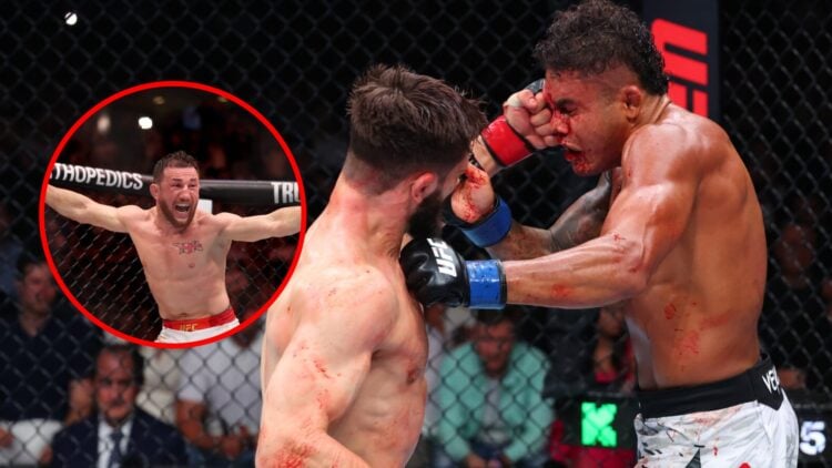 Main: Nazim Sadykhov punches Nikolas Motta during their fight at UFC Baku. Inset: Merab Dvalishvili celebrates his win over Sean O'Malley in their ...