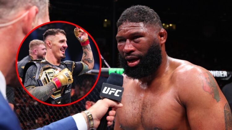 Main: Curtis Blaydes is interviewed after his decision win over Rizvan Kuniev at UFC Baku. Inset: Tom Aspinall celebrates defending his interim hea...