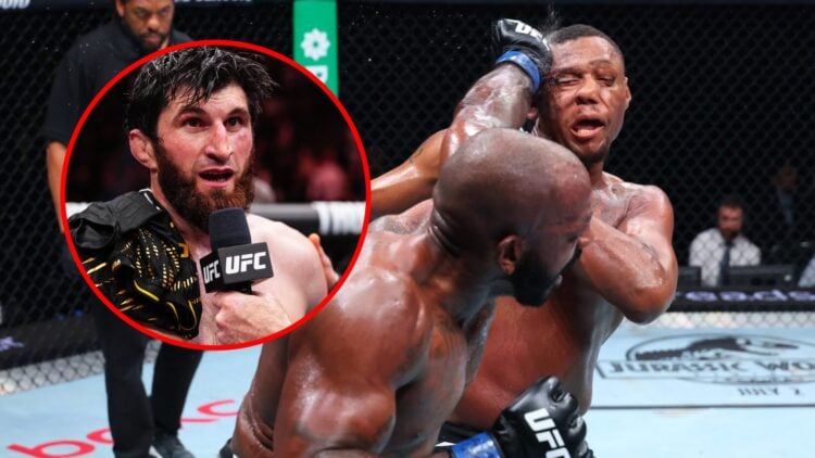 Main: Khalil Rountree Jr punches Jamahal Hill during their main event at UFC Baku. Inset: Magomed Ankalaev is interviewed after his title win over ...