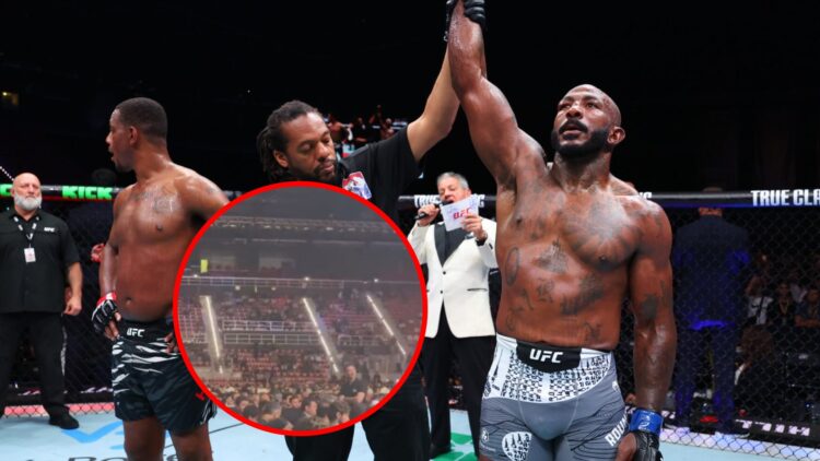 Main: Khalil Rountree has his hand raised after defeating Jamahal Hill at UFC Baku. Inset: Fans leave the UFC Baku venue prior to the main event at...