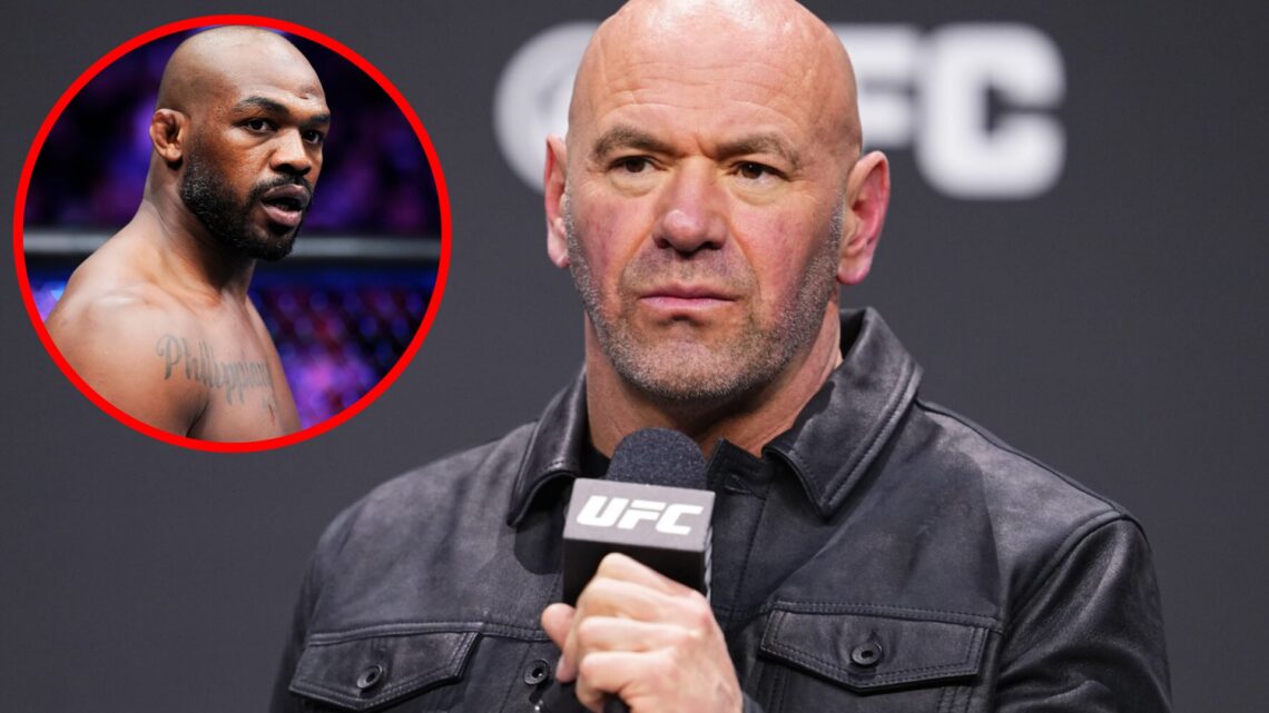Dana White on stage at the UFC 2024 seasonal press conference, inset Jon Jones enters the Octagon at UFC 285