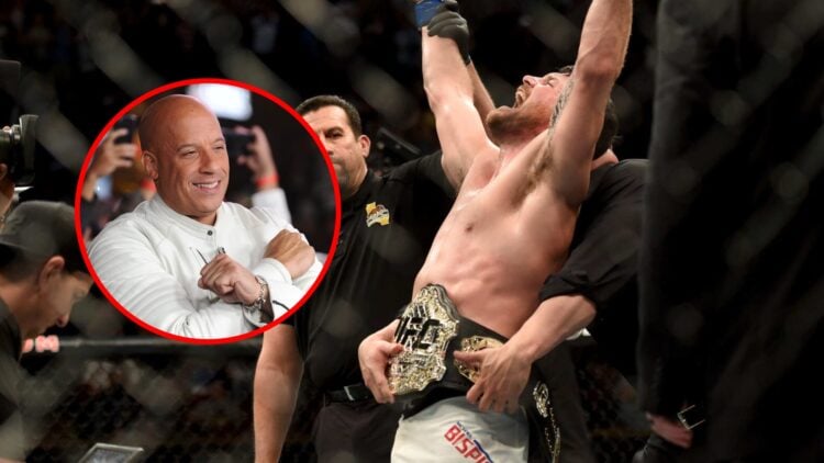 Main: Michael Bisping celebrates his title win over Luke Rockhold at UFC 199. Inset: Actor Vin Diesel attends the premiere of 'xXx: Return of Xande...