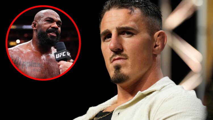 Tom Aspinall on stage at the UFC 304 press conference, inset Jon Jones speaks after his win over Stipe Miocic at UFC 309