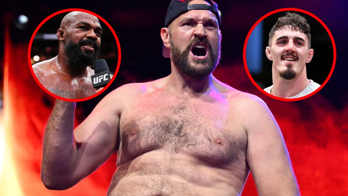 Tyson Fury weighs in for his fight with Francis Ngannou, inset Jon Jones reacts to his UFC 309 win and Tom Aspinall reacts to beating Andrei Arlovski.