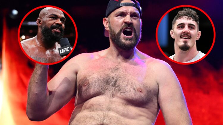 Tyson Fury weighs in for his fight with Francis Ngannou, inset Jon Jones reacts to his UFC 309 win and Tom Aspinall reacts to beating Andrei Arlovski.