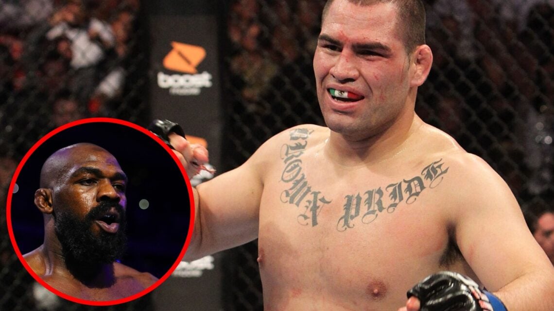 Cain Velasquez celebrates after stopping Brock Lesnar at UFC 121, inset Jon Jones prepares to face Stipe Miocic at UFC 309