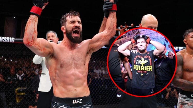 Main: Nazim Sadykhov celebrates after defeating Nikolas Motta at UFC Baku. Inset: Khabib Nurmagomedov leaves the cage after submitting Dustin Poiri...