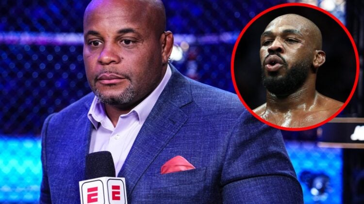 Daniel Cormier looks ahead while calling the action at UFC 309, inset Jon Jones looks on during his UFC 247 fight with Thiago Santos