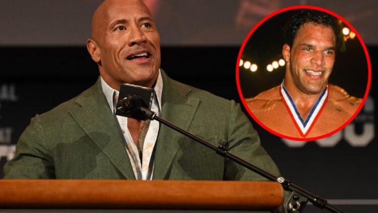 Dwayne 'The Rock' Johnson speaks at the UFC 244 weigh-ins, inset Mark Kerr reacts after winning the UFC 14 heavyweight tournament