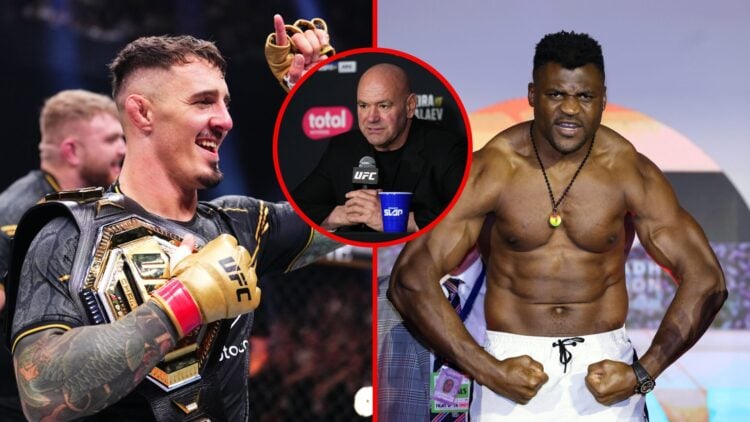 Tom Aspinall with his UFC title belt (left), Francis Ngannou flexing at a weigh-in (right) and Dana White at a press conference (centre bubble)