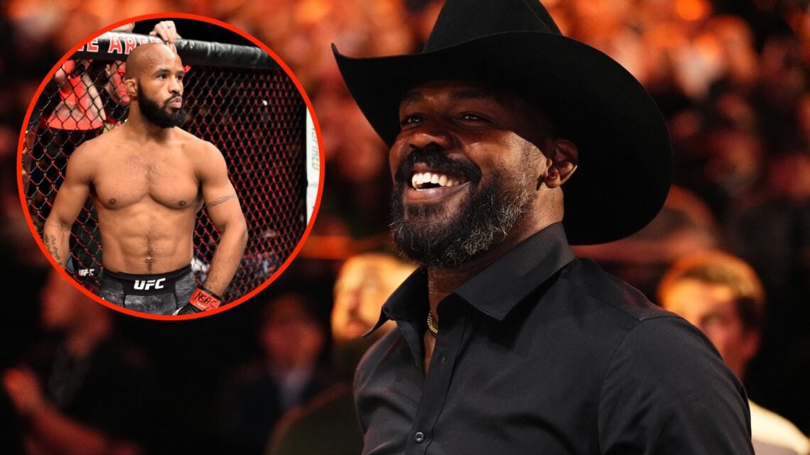 Jon Jones in attendance at UFC 306 with an inset of Demetrious Johnson ahead of his UFC 216 fight against Ray Borg