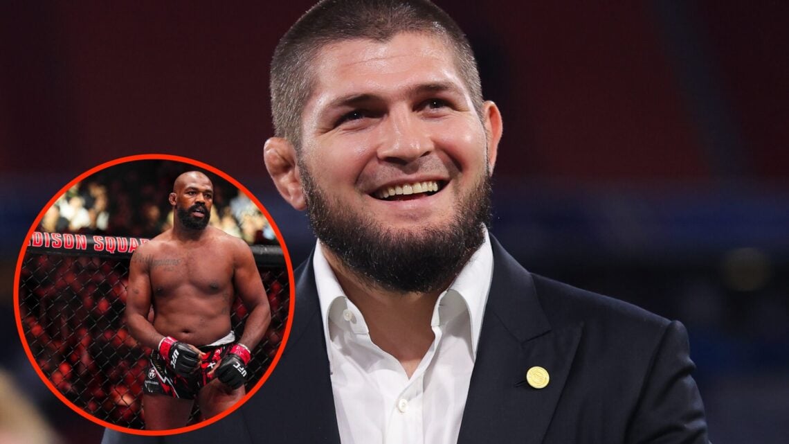 Khabib Nurmagomedov in attendance at the Champions League Final with an inset of Jon Jones during his final UFC fight at UFC 309