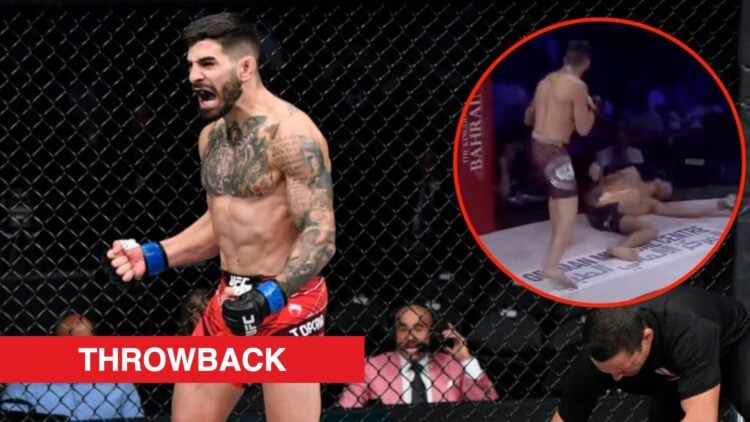 Ilia Topuria celebrates winning at UFC 264, inset of him knocking out Steven Goncalves.