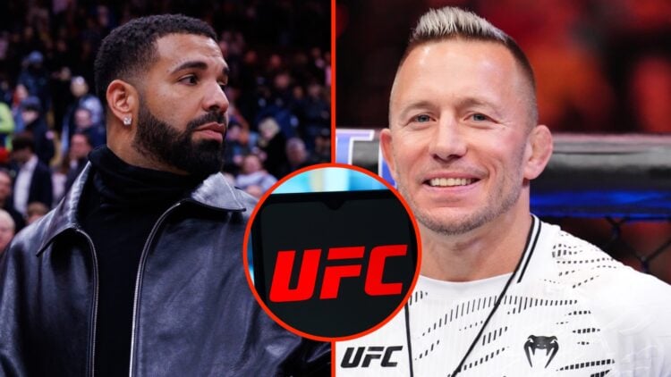 Drake in attendance at NBA game split with Georges St-Pierre in the corner of Aiemann Zahabi at UFC 315 with an inset of the UFC logo