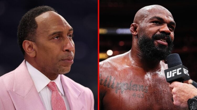 Split image of Stephen A. Smith and Jon Jones at UFC 309
