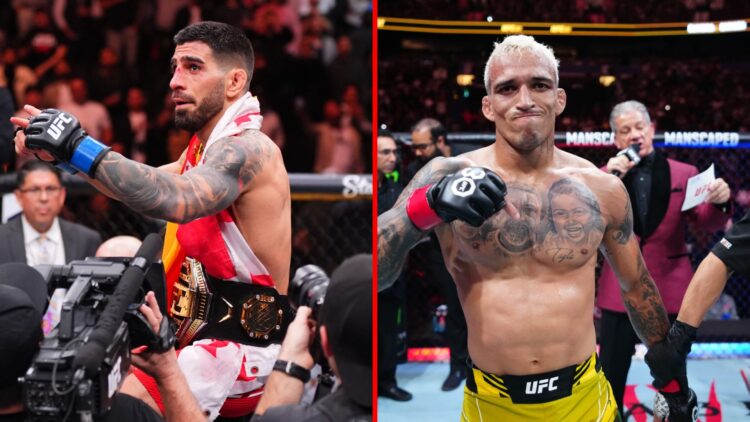 Split image of Ilia Topuria at UFC 298 and Charles Oliveira at UFC 289