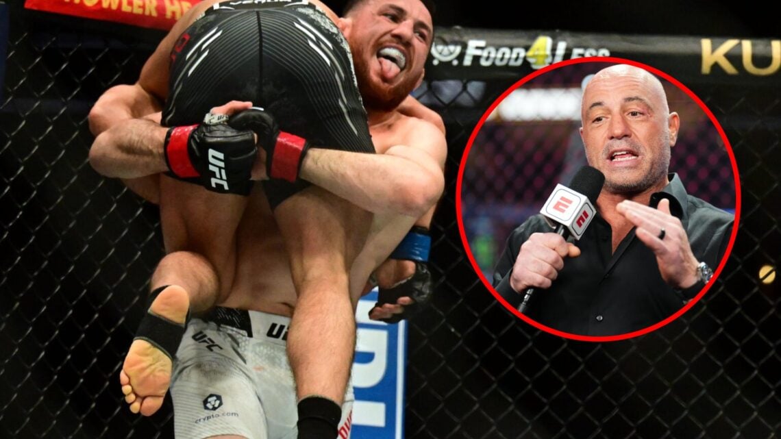 Main: Merab Dvalishvili carries Henry Cejudo on his shoulder during their UFC 298 fight. Inset: Joe Rogan speaks while cageside to commentate on UF...