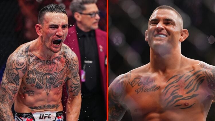 Dustin Poirier inside the cage for his UFC 302 title fight against Islam Makhachev and Max Holloway after a knockout win over Justin Gaethje at UFC...